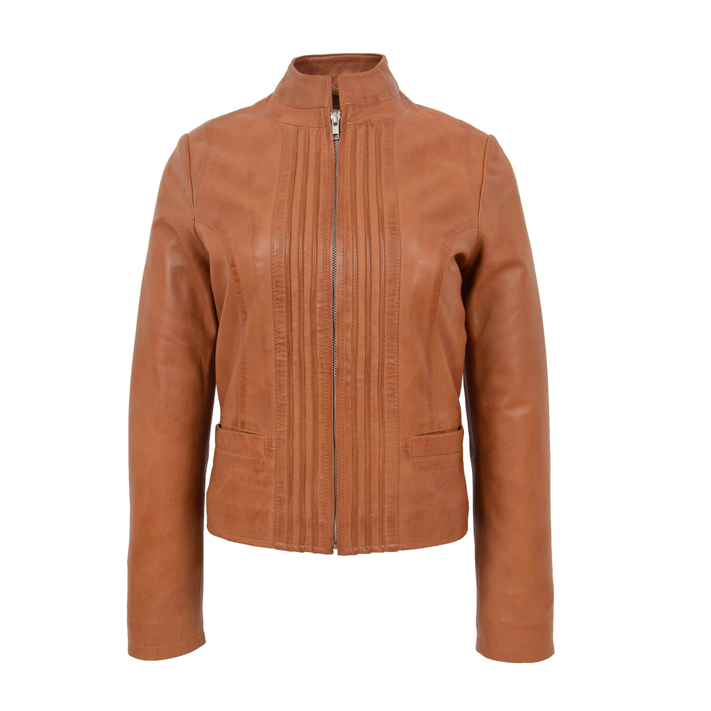 DR210 Women's Casual Biker Leather Jacket Tan 1