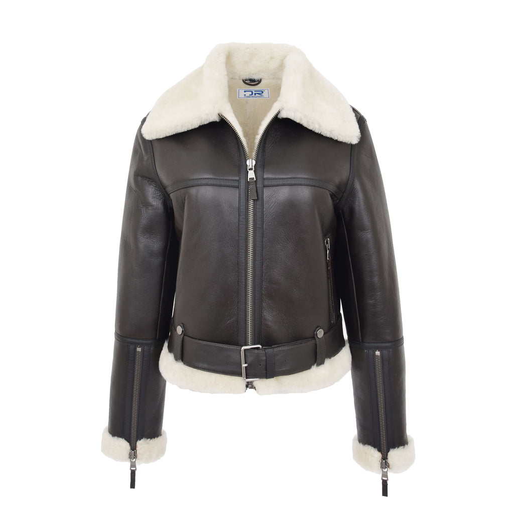 DR228 Women's Retro Sheepskin Leather Jacket Short Brown 1