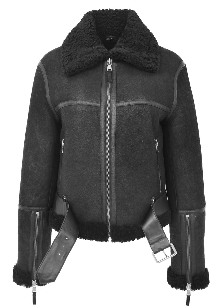DR228 Women's Retro Sheepskin Leather Jacket Short Black 5