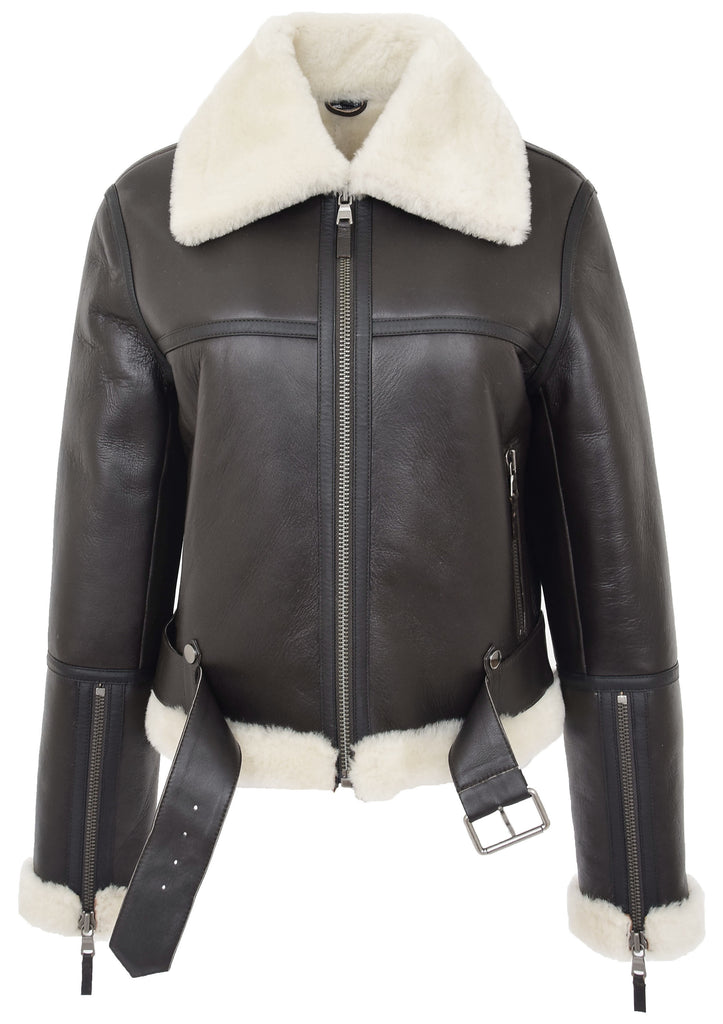 DR228 Women's Retro Sheepskin Leather Jacket Short Brown 2