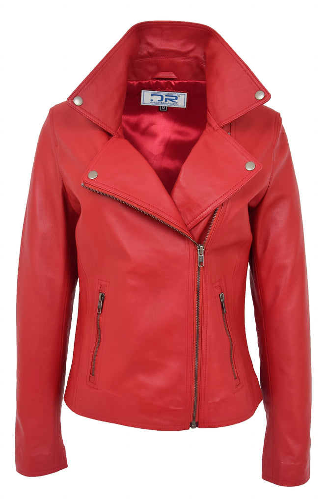 DR216 Women's Casual Smart Biker Leather Jacket Red 4