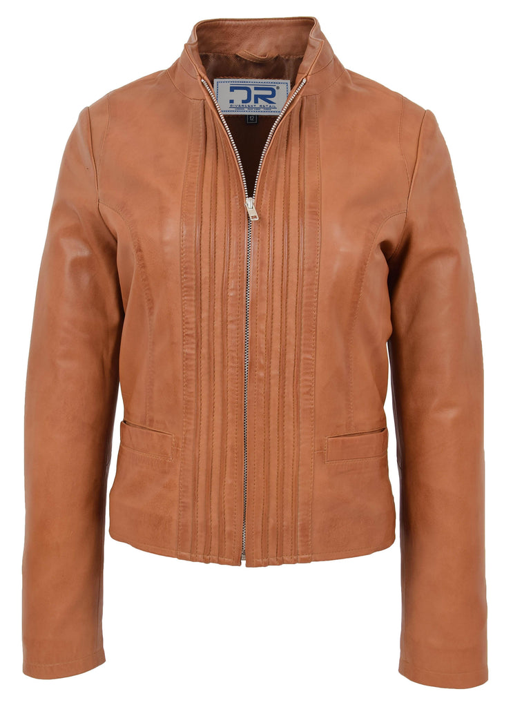 DR210 Women's Casual Biker Leather Jacket Tan 3