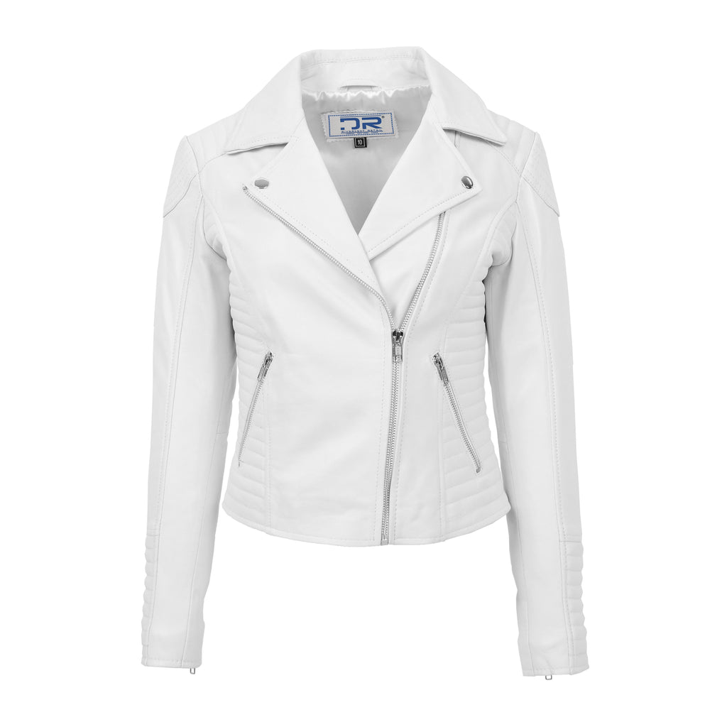 DR206 Women's Soft Leather Cross Zip Biker Jacket White 1