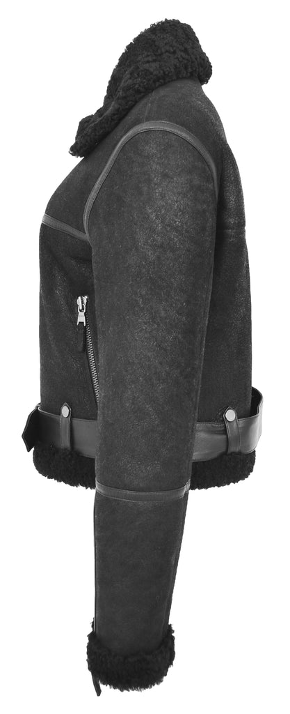 DR228 Women's Retro Sheepskin Leather Jacket Short Black 6