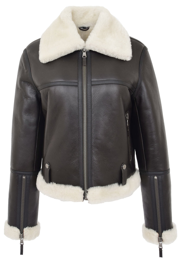 DR228 Women's Retro Sheepskin Leather Jacket Short Brown 4