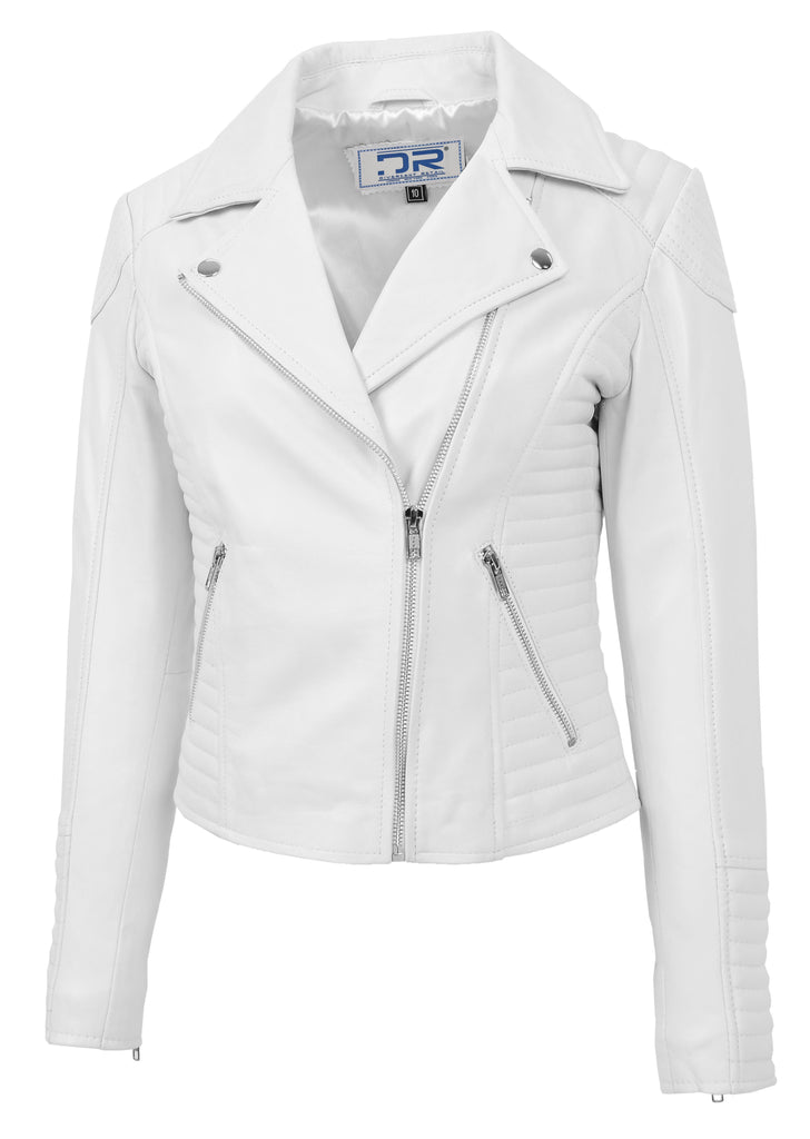 DR206 Women's Soft Leather Cross Zip Biker Jacket White 2