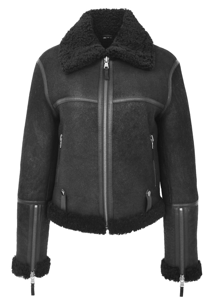 DR228 Women's Retro Sheepskin Leather Jacket Short Black 7