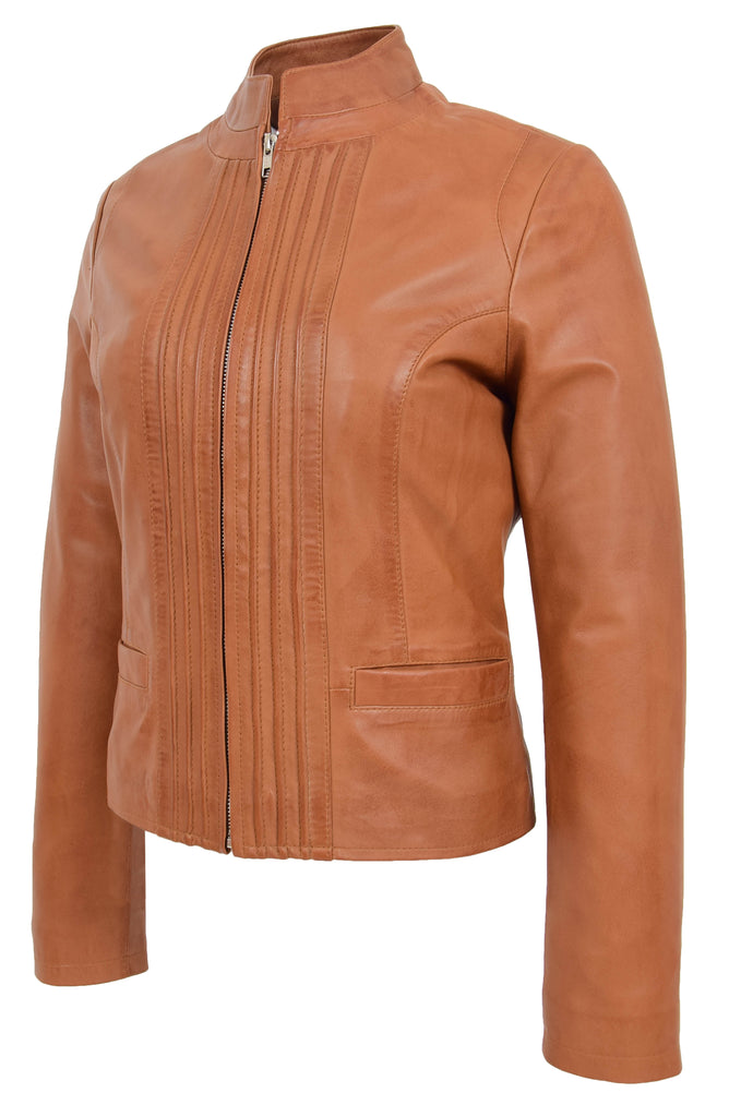 DR210 Women's Casual Biker Leather Jacket Tan 6