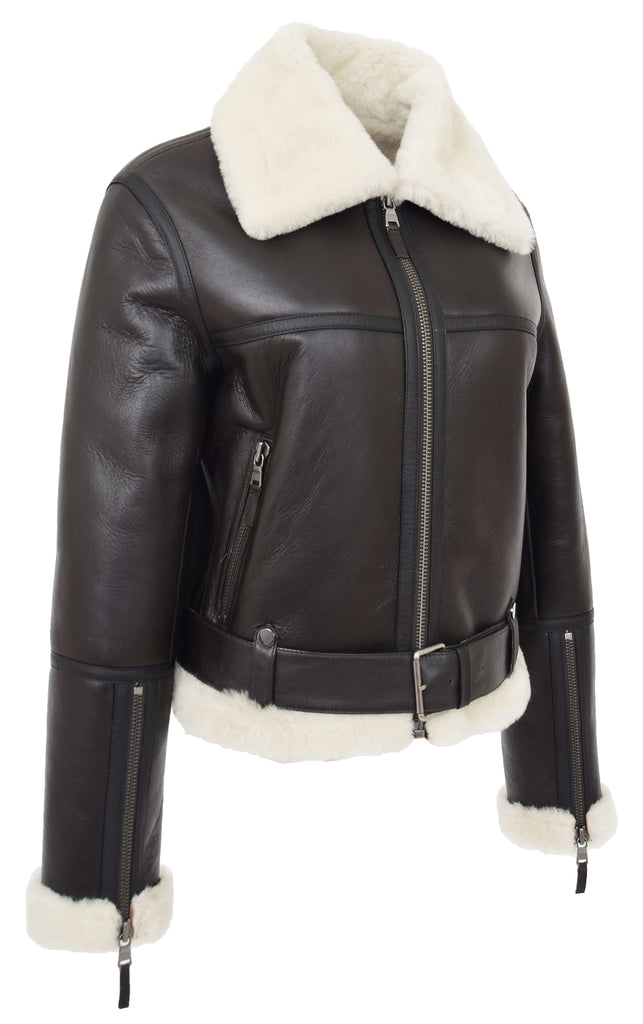 DR228 Women's Retro Sheepskin Leather Jacket Short Brown 5