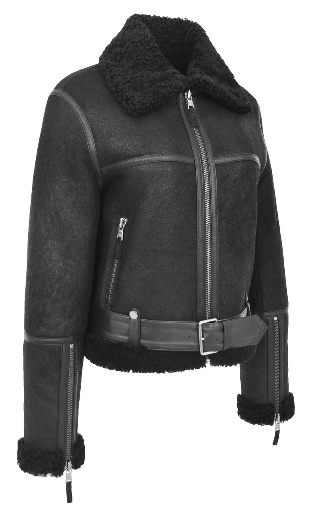 DR228 Women's Retro Sheepskin Leather Jacket Short Black 8