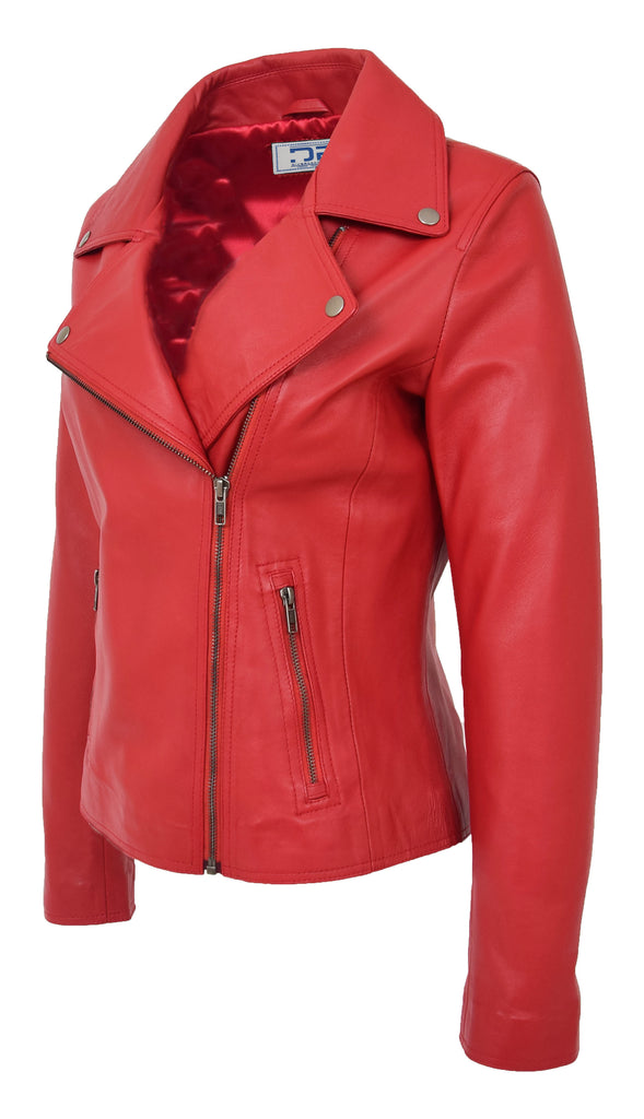 DR216 Women's Casual Smart Biker Leather Jacket Red 2
