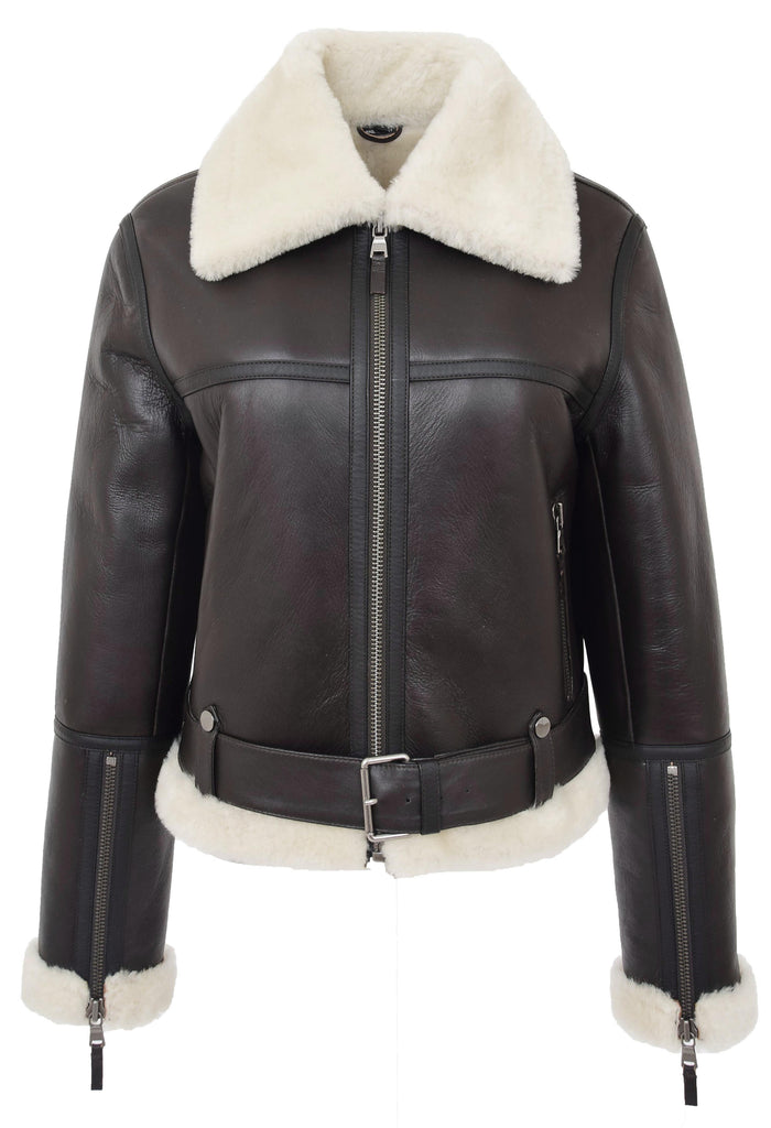 DR228 Women's Retro Sheepskin Leather Jacket Short Brown 6