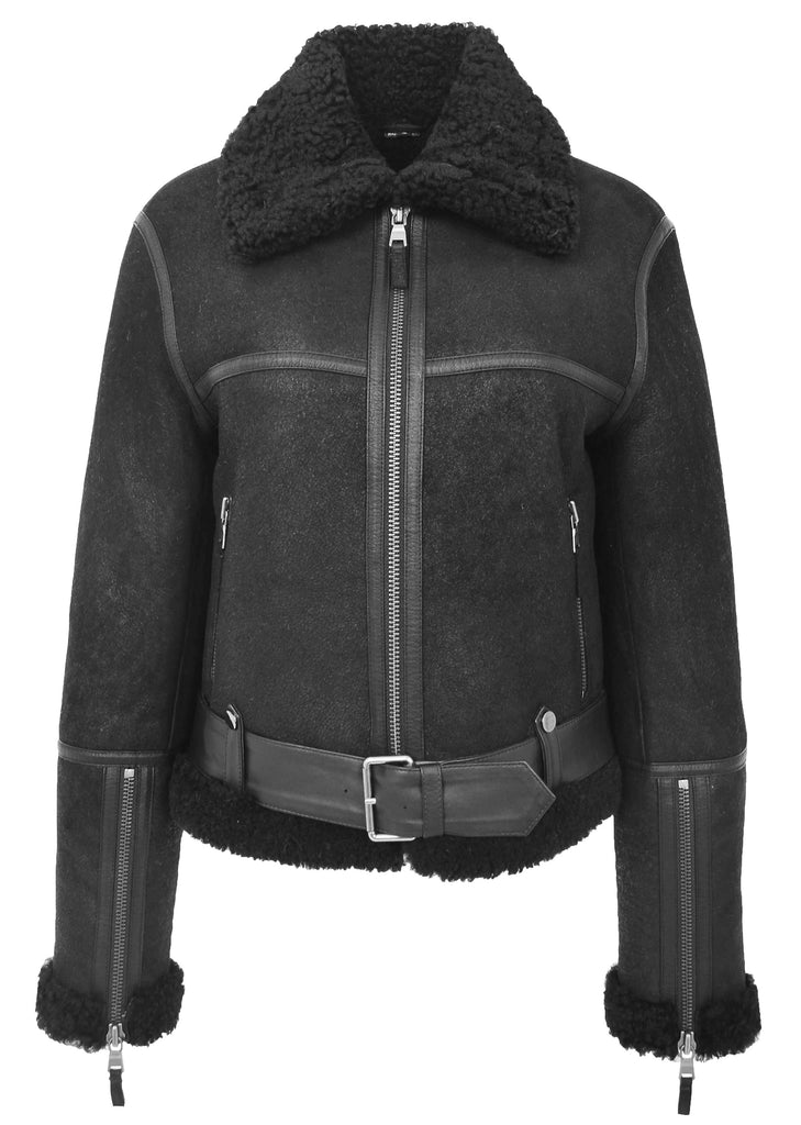 DR228 Women's Retro Sheepskin Leather Jacket Short Black 2