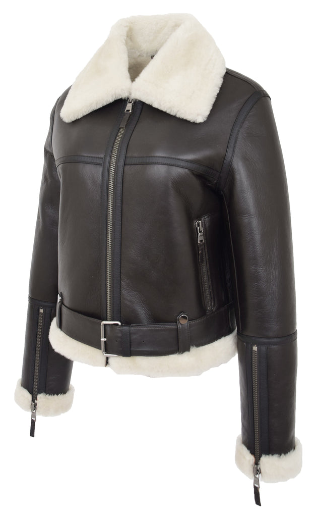 DR228 Women's Retro Sheepskin Leather Jacket Short Brown 7