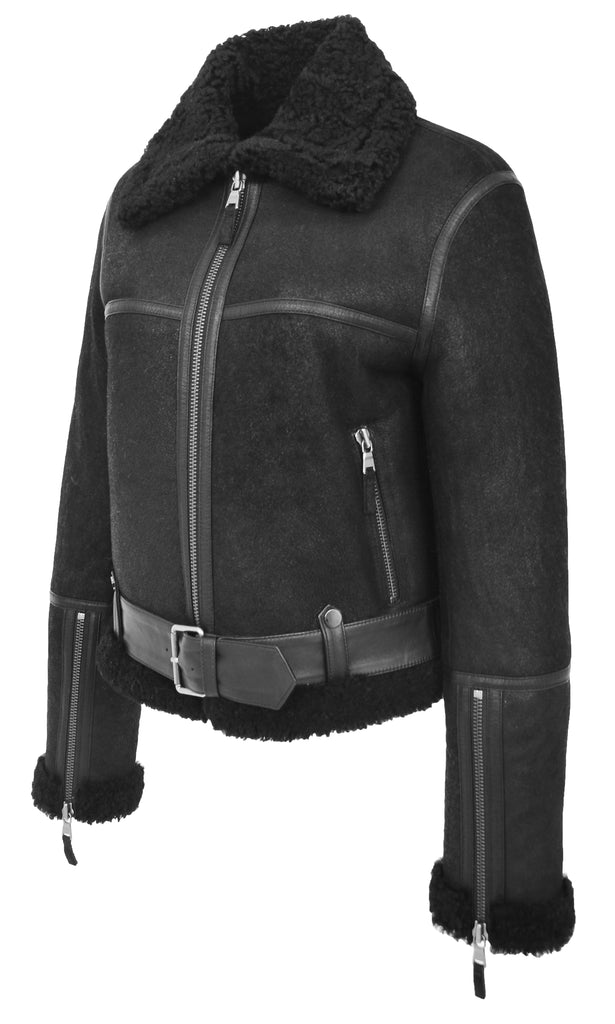 DR228 Women's Retro Sheepskin Leather Jacket Short Black 3