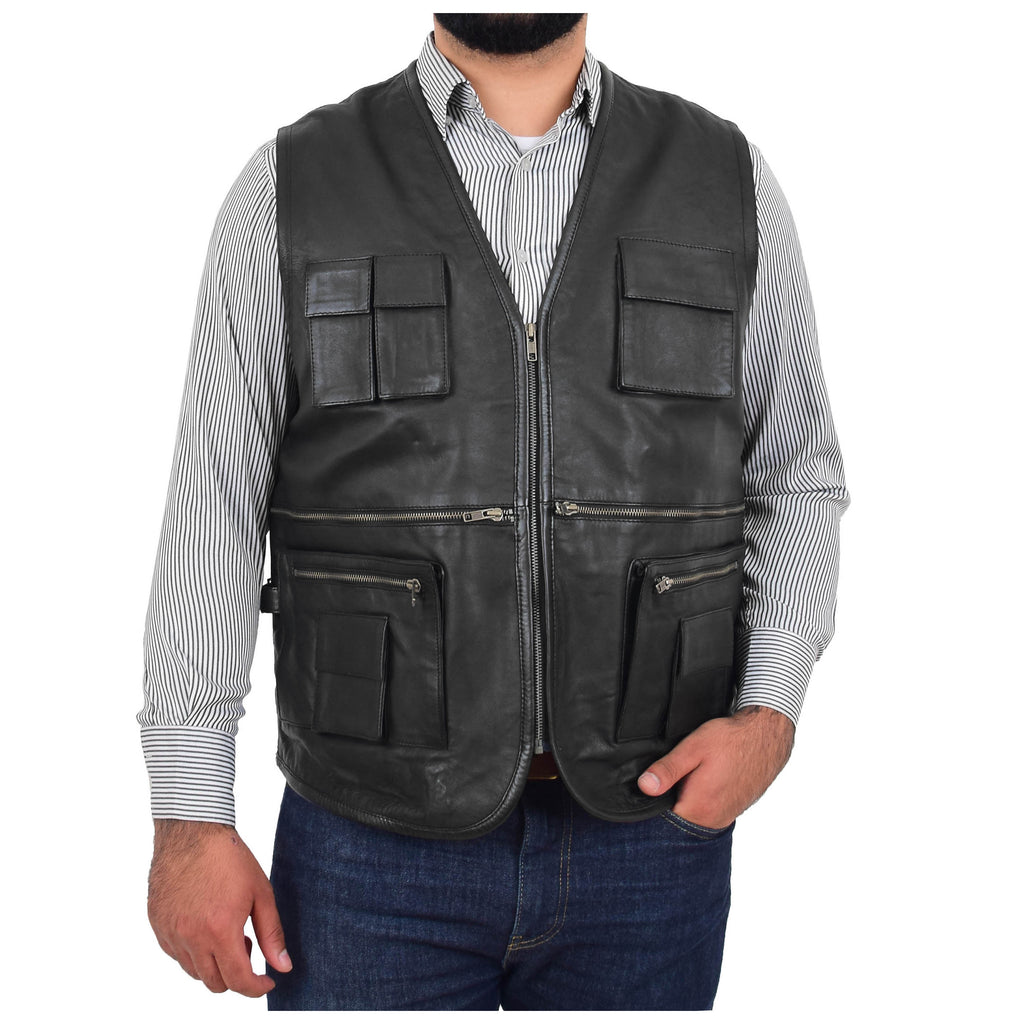DR163 Men's Leather Military Style Leather Waistcoat Black 1