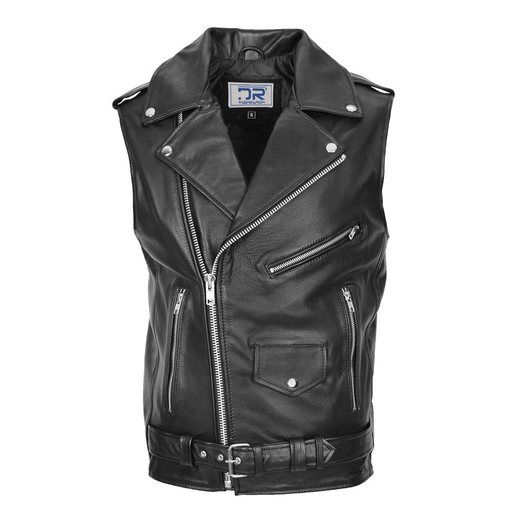 DR161 Men's Biker Style Leather Waistcoat Black 1