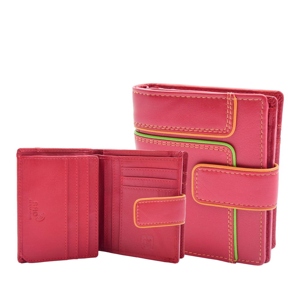DR448 Women's Bifold Leather Purse Booklet Style Wallet Red 1