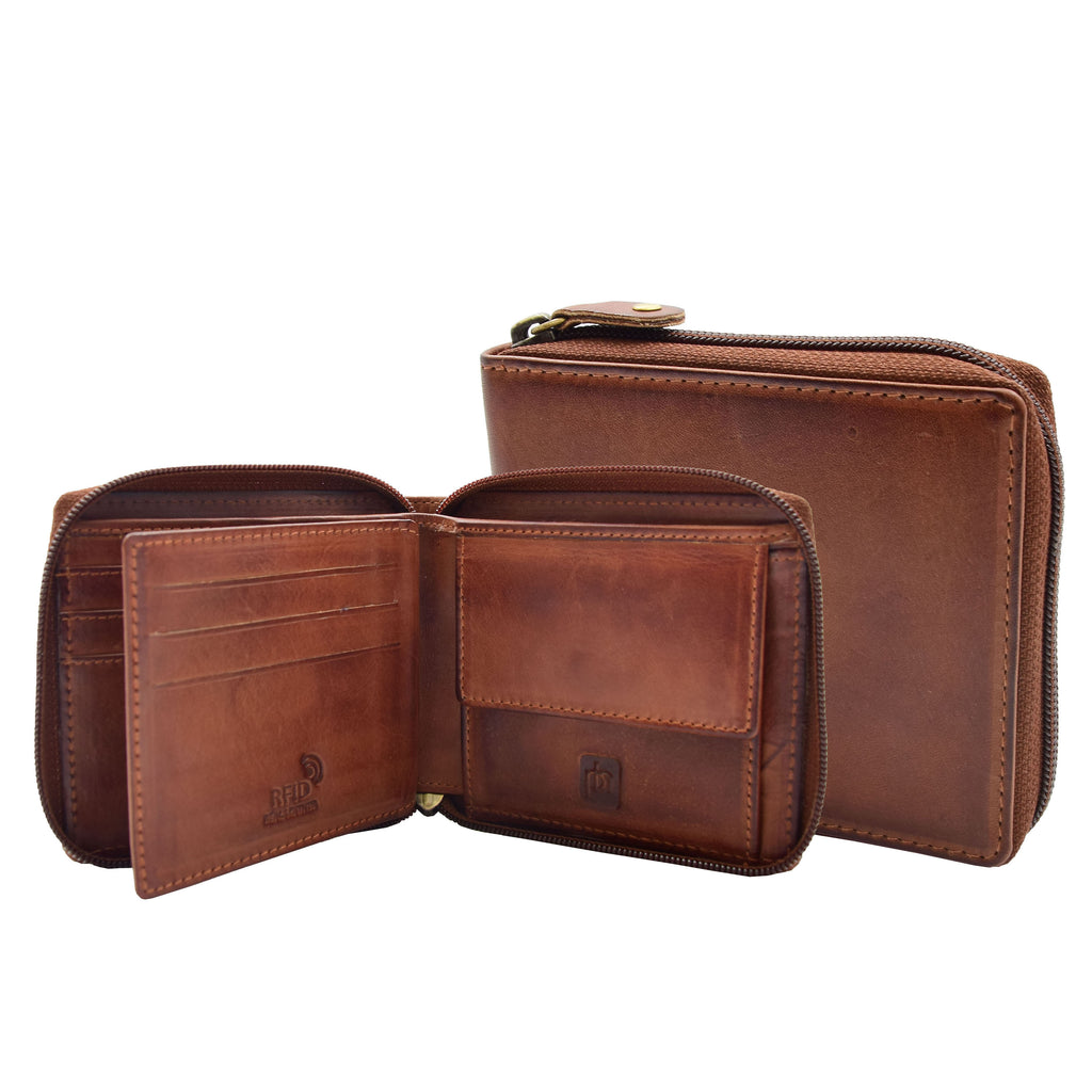 DR446 Men's Leather Wallet Zip Around Rfid Safe Boxed Brown 1